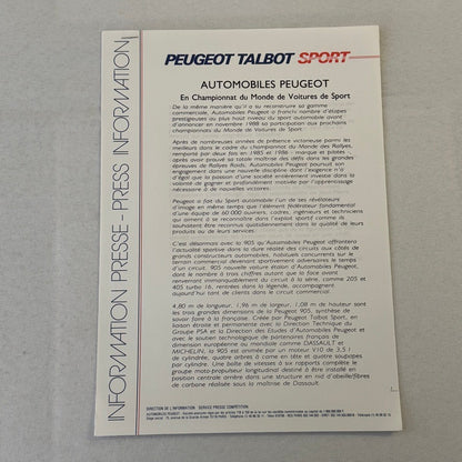 1990 Peugeot 905 Talbot Racing Press Kit Brochure Slides JP Jabouille FRENCH
