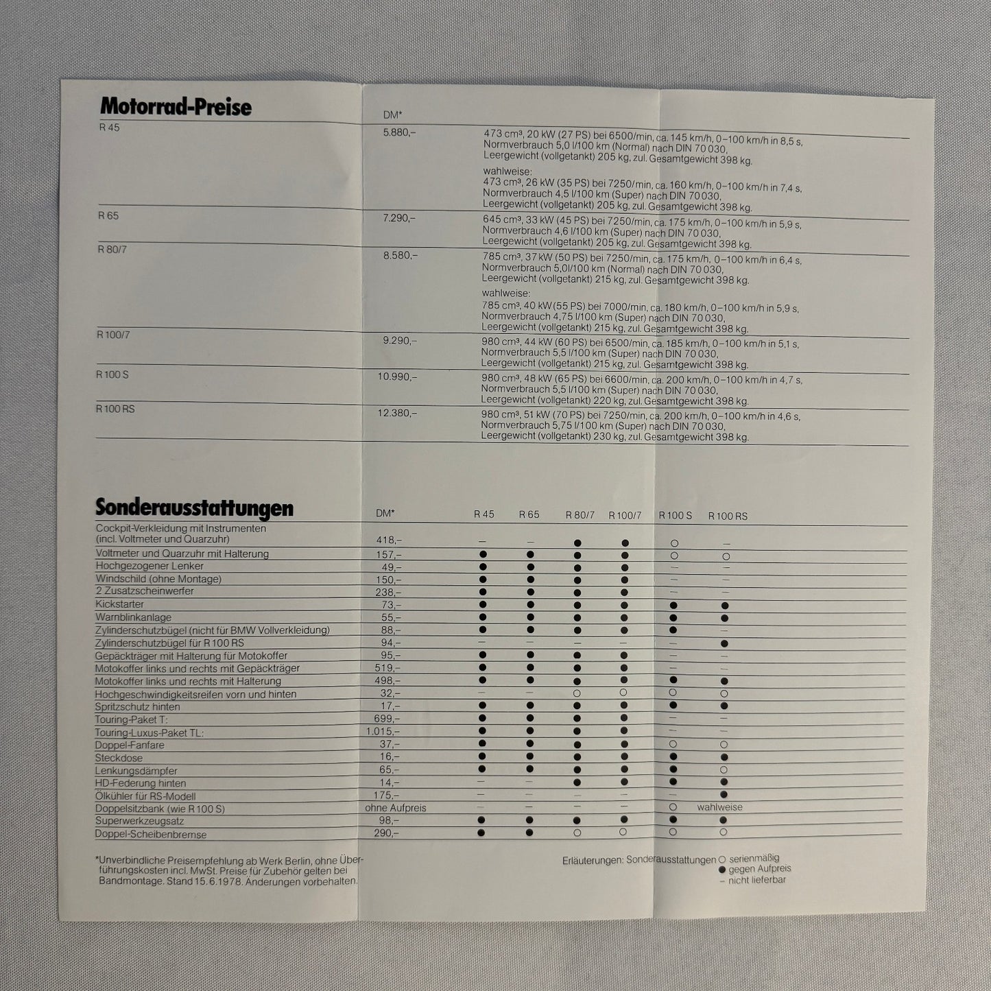 1978 BMW Motorcycle Price and Options Brochure Catalog R65 R100 R80 R45 GERMAN