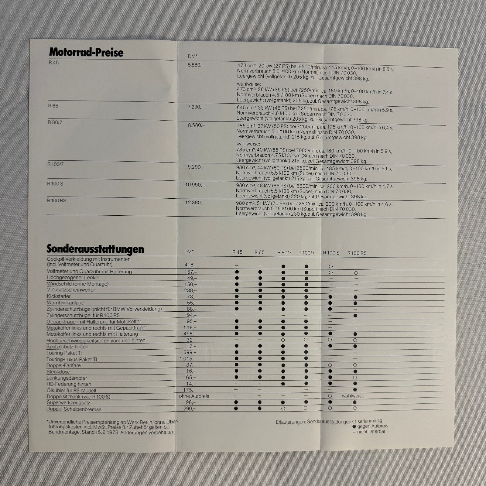 1978 BMW Motorcycle Price and Options Brochure Catalog R65 R100 R80 R45 GERMAN