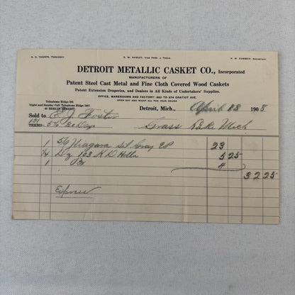 Detroit Metallic Casket Company 1908 Invoice Receipt Document Lot 3x Funeral