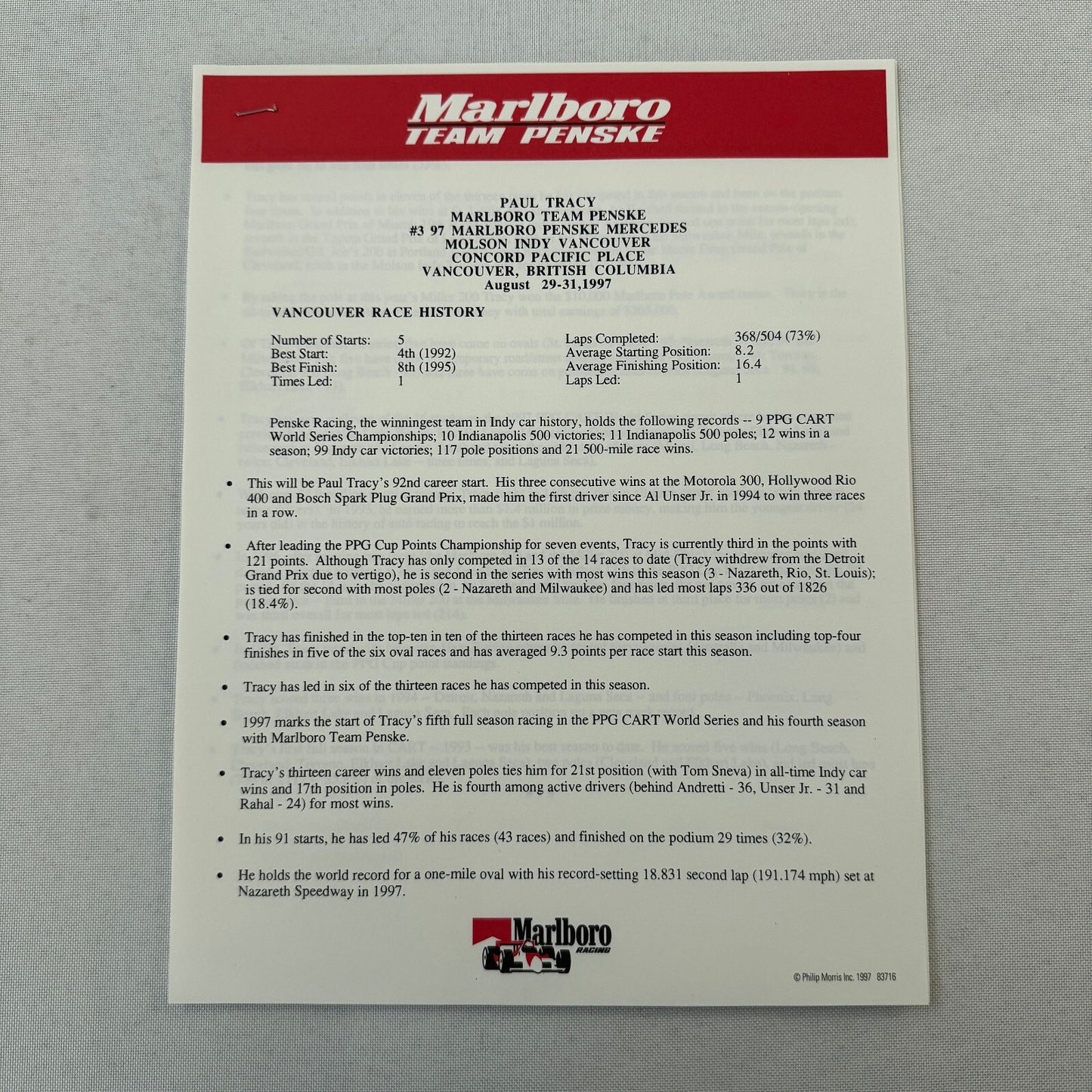 1997 CART Marlboro Team Penske Racing Press Kit Paul Tracy Al Unser Jr