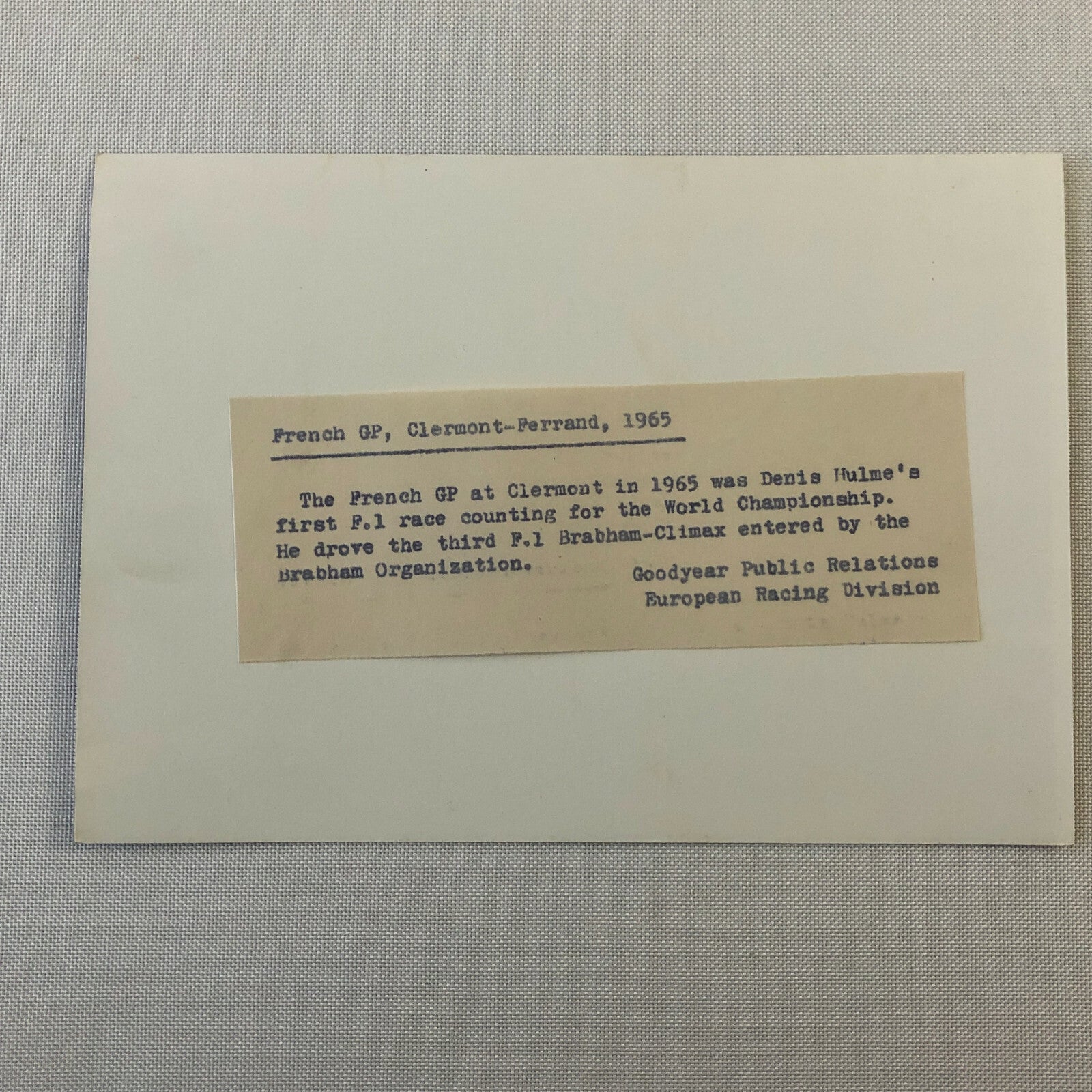 Vintage Racing Photo Photograph Denny Hulme French Grand Prix 1965 Goodyear 