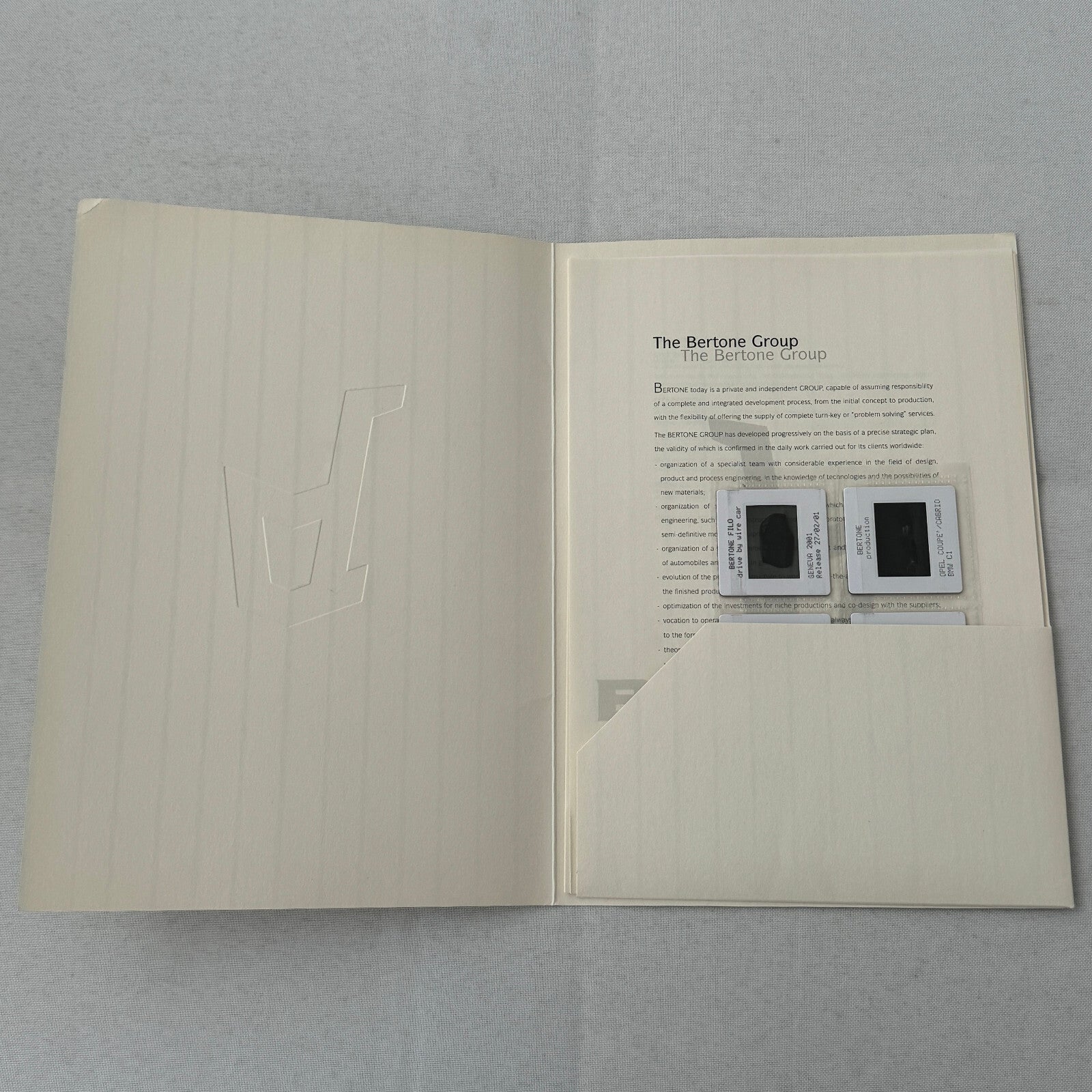 2001 Bertone Filo Drive by Wire Car Press Kit with 35mm Photo Slides Folder