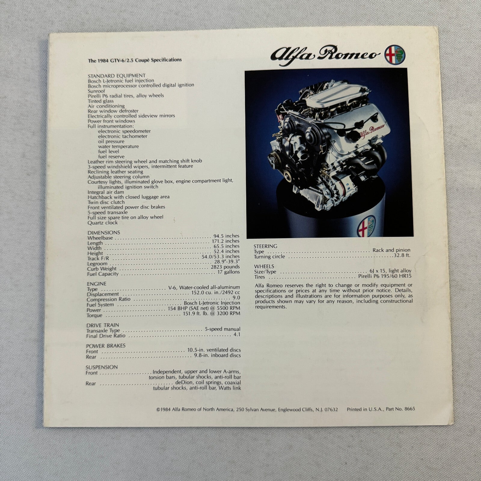 1984 Alfa Romeo GTV-6 2.5 Coupe Car Sales Brochure Catalog GTV6 GTV 6