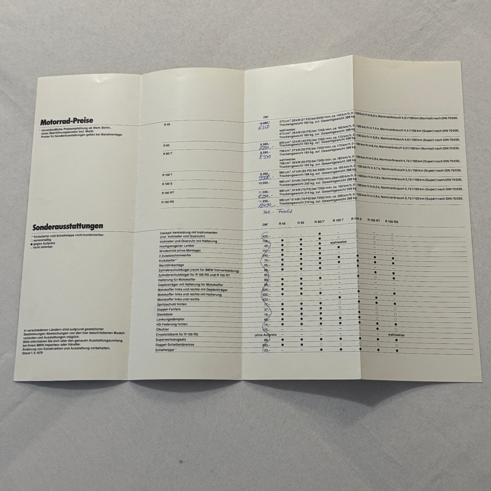 1979 BMW Motorcycle Price and Options Brochure Catalog R65 R100 R80 R45 GERMAN