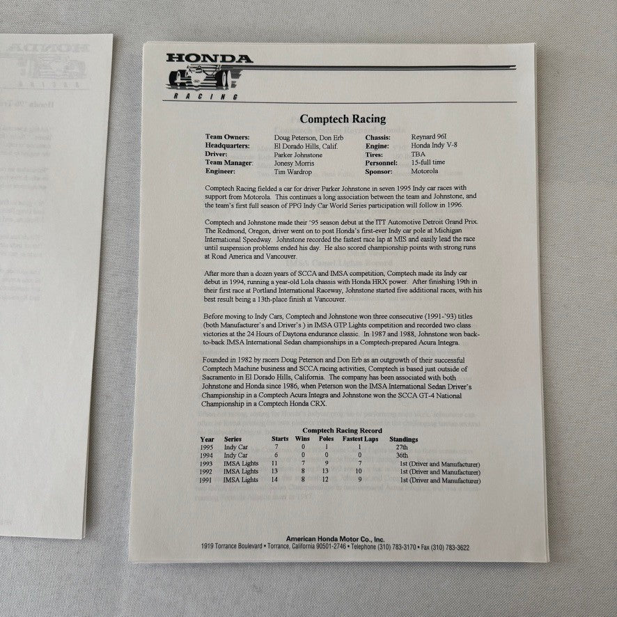 1996 Honda Indy Racing Press Kit Brochure Andre Ribeiro