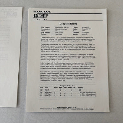 1996 Honda Indy Racing Press Kit Brochure Andre Ribeiro