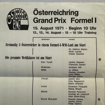 1971 Austrian Grand Prix Racing Flyer Advertisement F1 Formula One Niki Lauda +