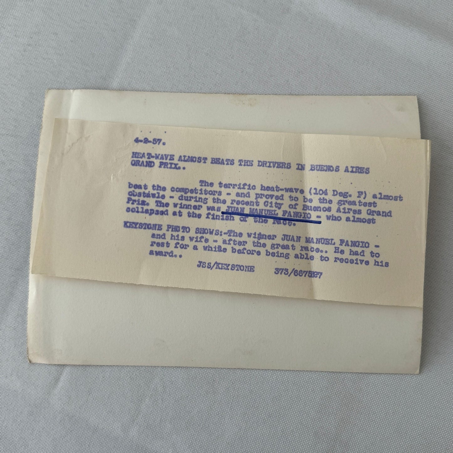 1957 Buenos Aires Grand Prix Juan Manuel Fangio Racing Driver Press Photo