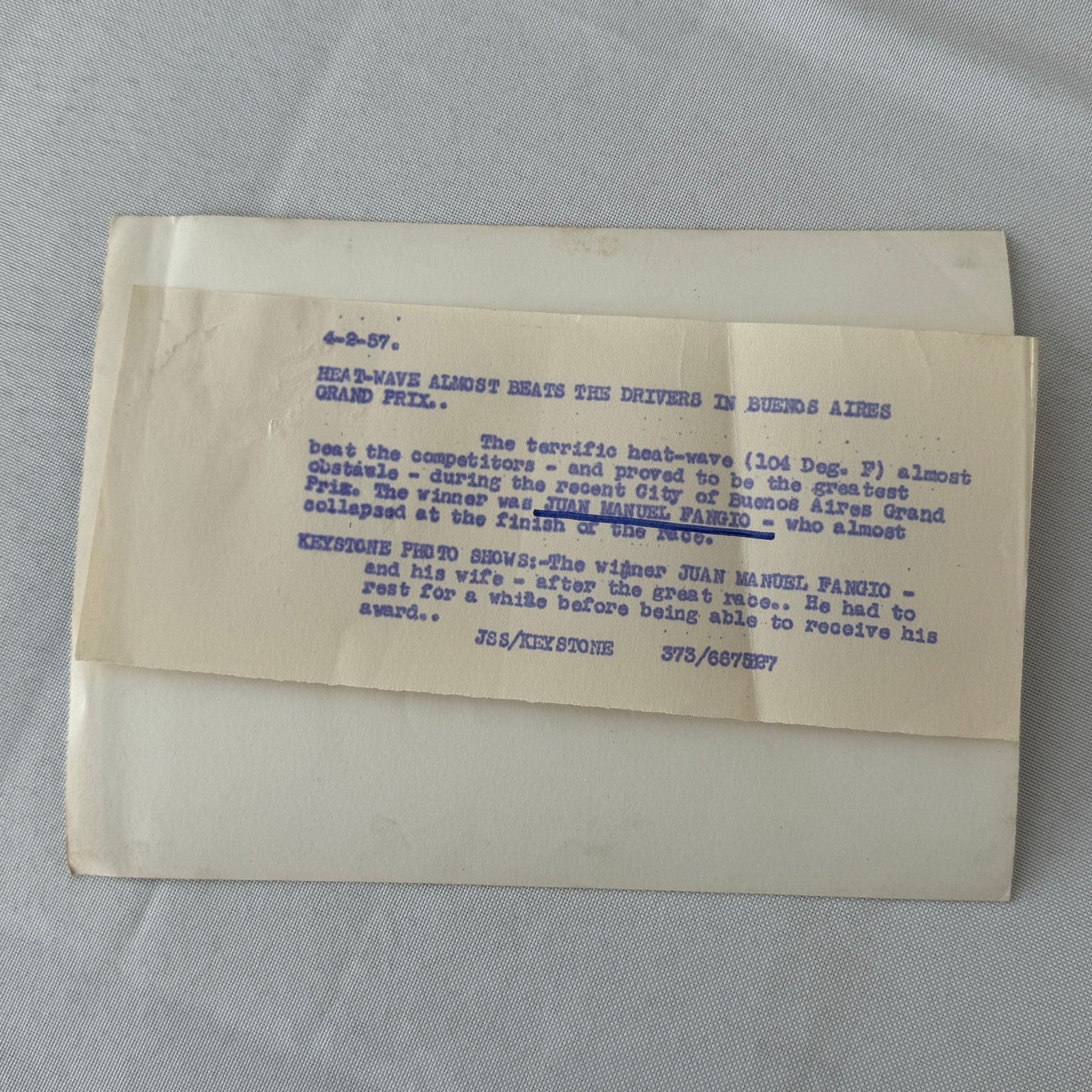 1957 Buenos Aires Grand Prix Juan Manuel Fangio Racing Driver Press Photo