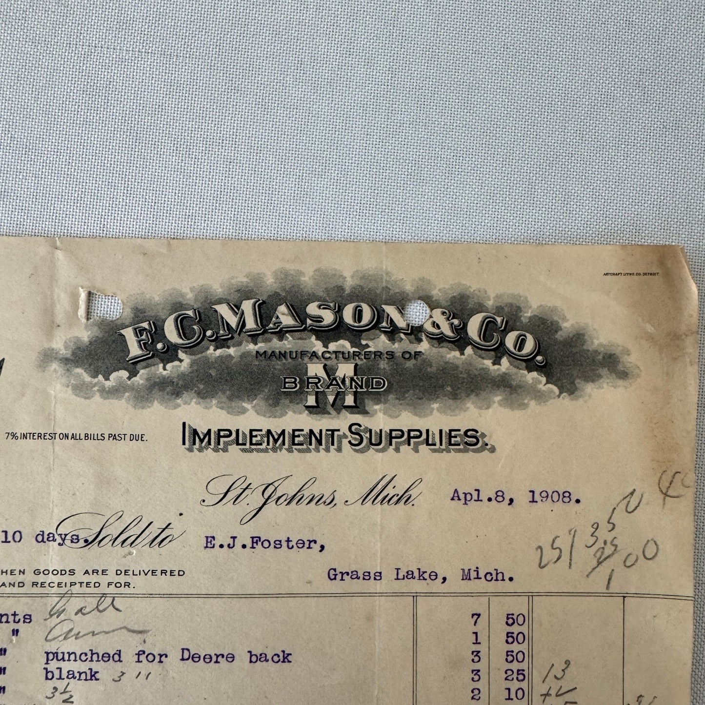 FC Mason Company M Brand Implement Invoice Receipt Document Letterhead 1908 Lot