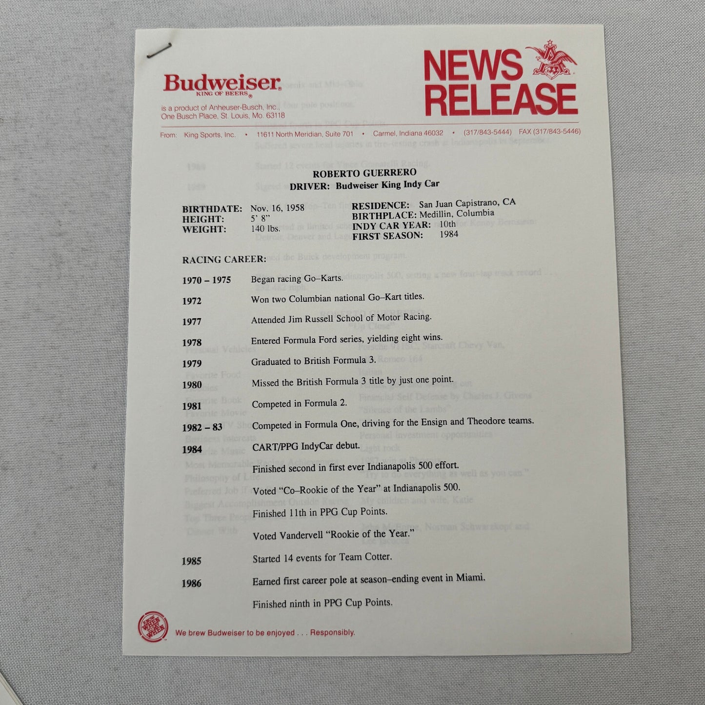 1993 Budweiser King Indy Car Racing Press Kit Roberto Guerrero