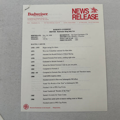 1993 Budweiser King Indy Car Racing Press Kit Roberto Guerrero