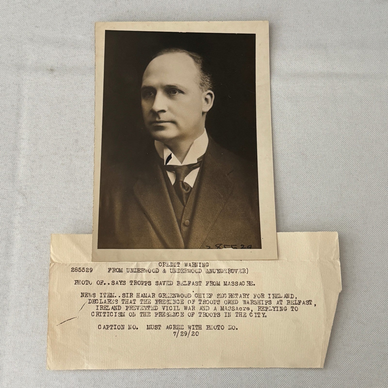 Vintage Press Photo Photograph Portrait Sir Hamar Greenwood Ireland Saved 1920