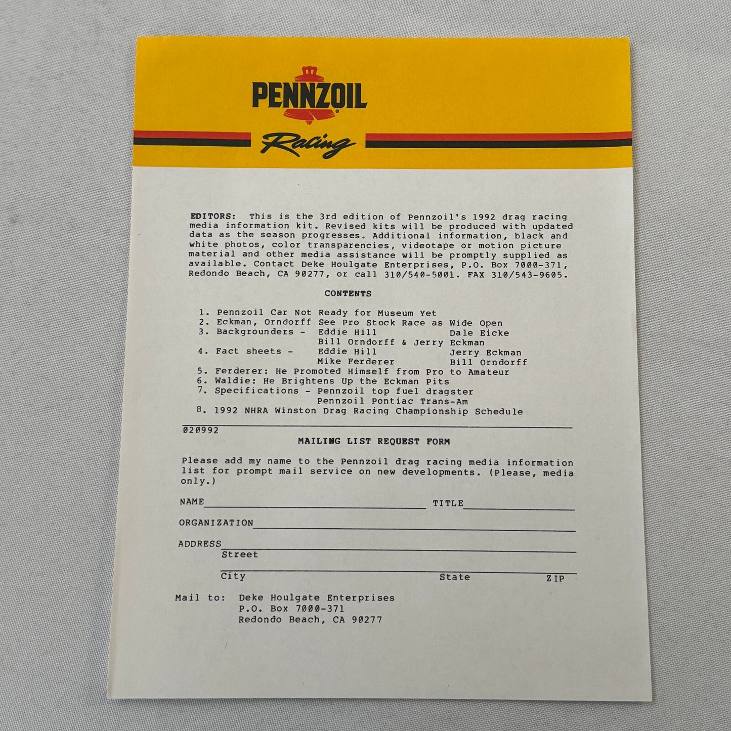Vintage Pennzoil Racing Press Kit Top Fuel Dragster Pontiac Trans Am