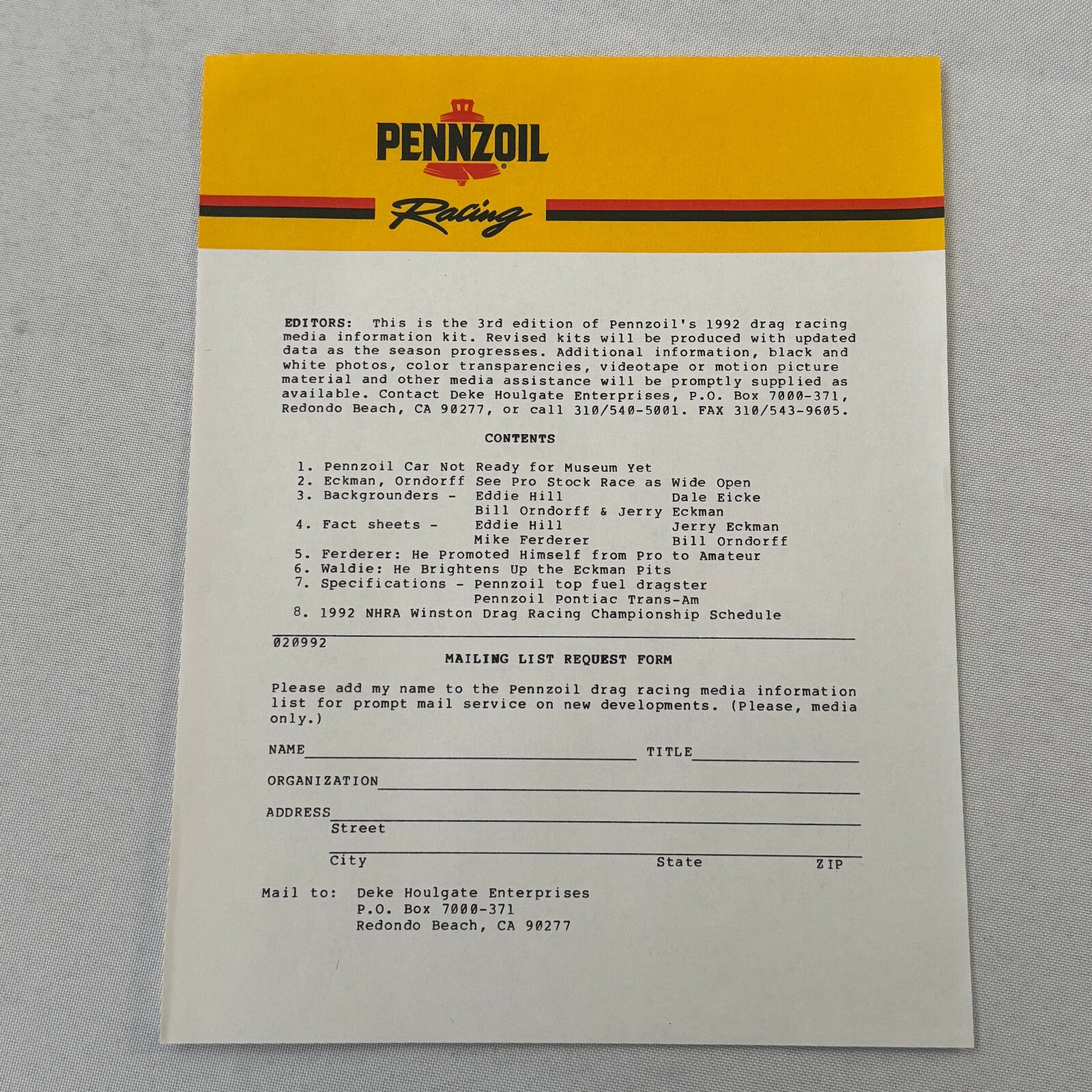 Vintage Pennzoil Racing Press Kit Top Fuel Dragster Pontiac Trans Am