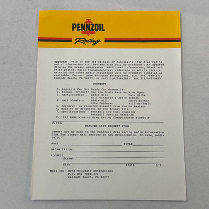 Vintage Pennzoil Racing Press Kit Top Fuel Dragster Pontiac Trans Am