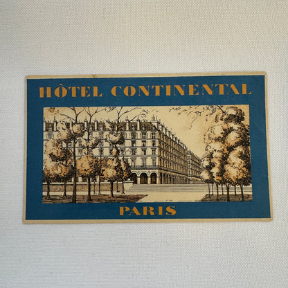 Vintage Travel Luggage Label Hotel Continental Paris France French
