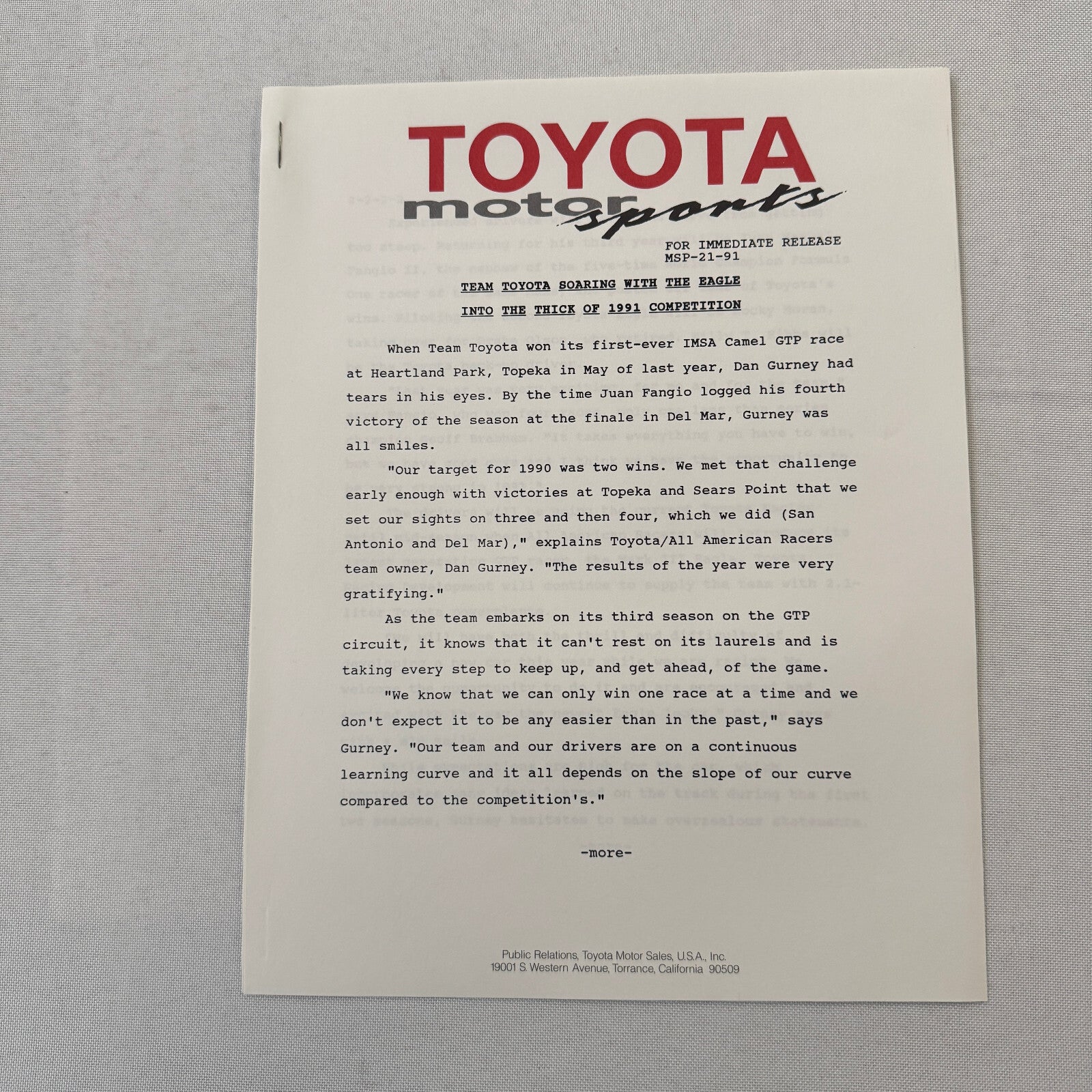 1991 Toyota Motorsport Racing Press Kit Dan Gurney Willy T Ribbs Fangio II