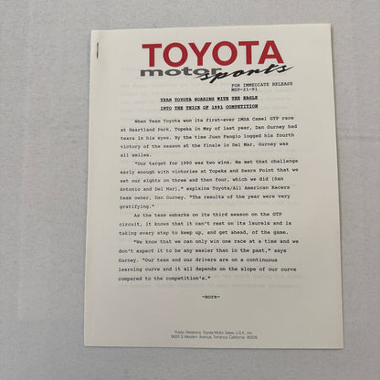 1991 Toyota Motorsport Racing Press Kit Dan Gurney Willy T Ribbs Fangio II