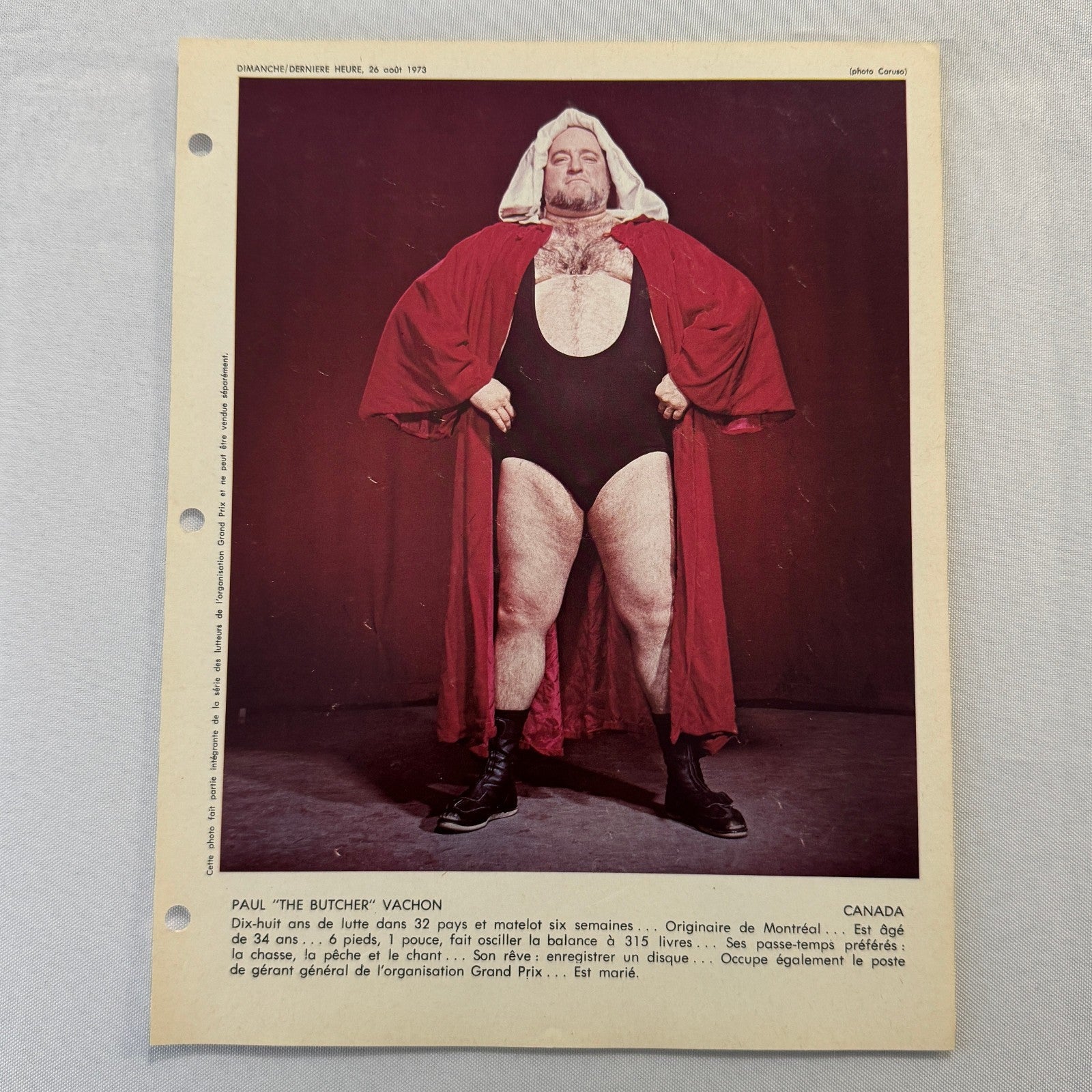 Vintage Wrestling Print Insert Paul Vachon The Butcher Vachon Quebec French 1973