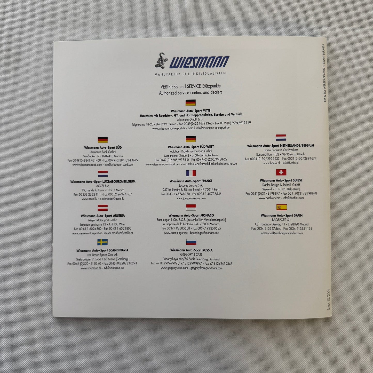 Wiesmann Roadster Sports Car Sales Brochure Catalog Advertising