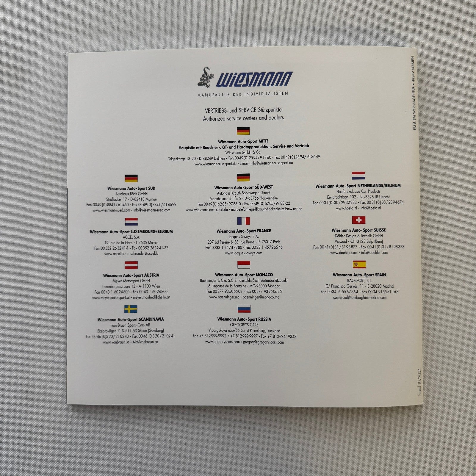 Wiesmann Roadster Sports Car Sales Brochure Catalog Advertising