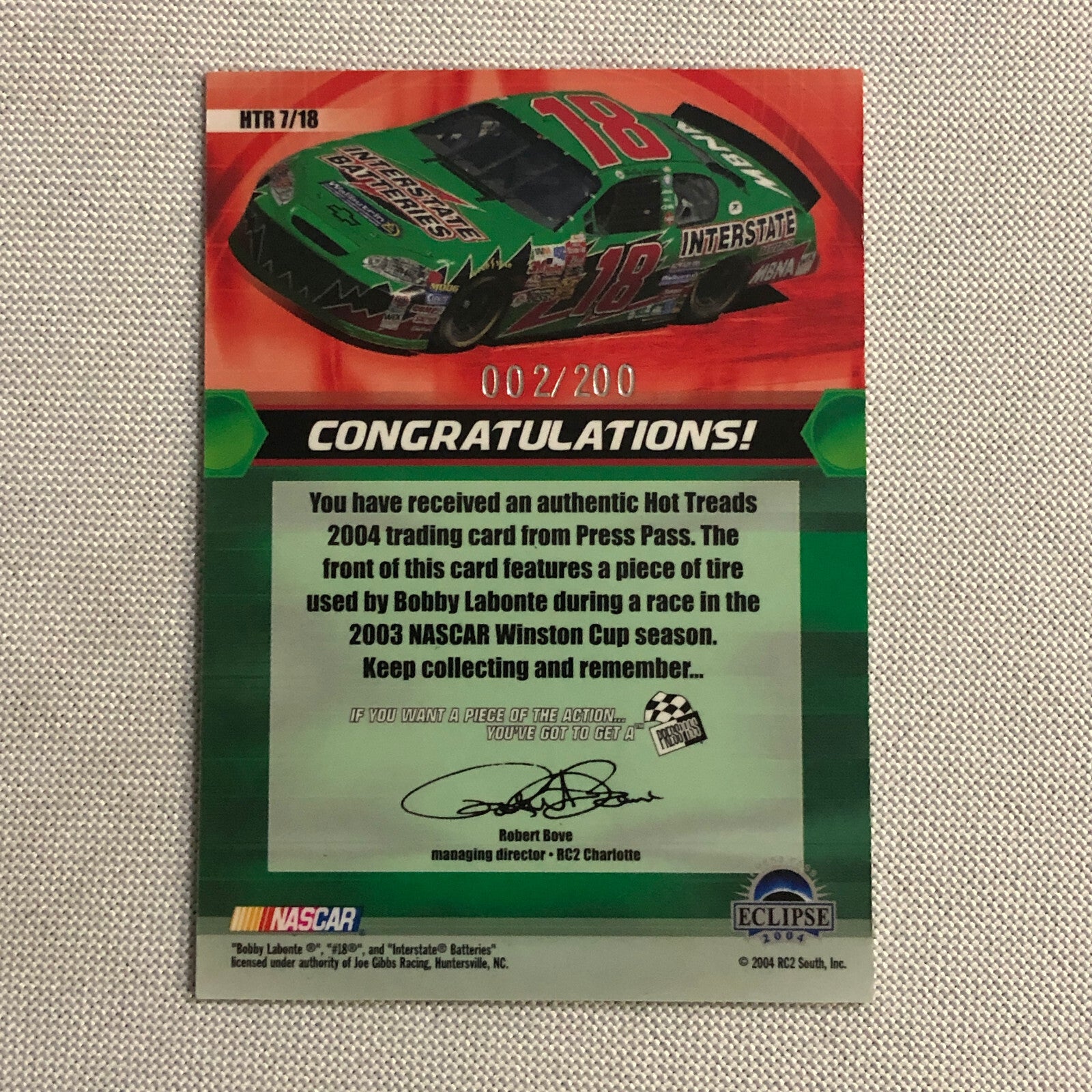 2004 Press Pass Hot Treads Tire Relic Card Bobby Labonte NASCAR