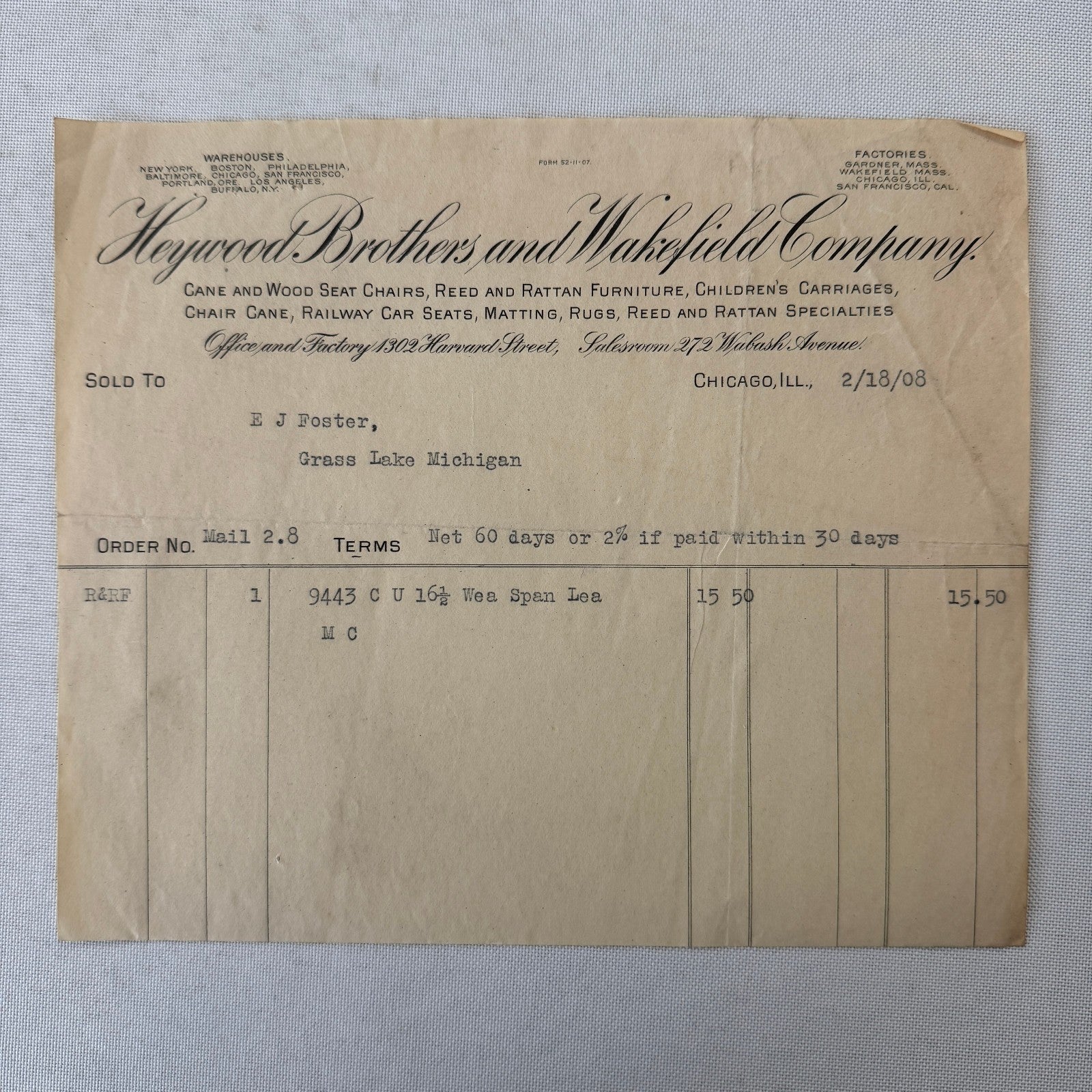 Heywood Brothers and Wakefield Receipt Invoice Document Letterhead 1908 Chicago