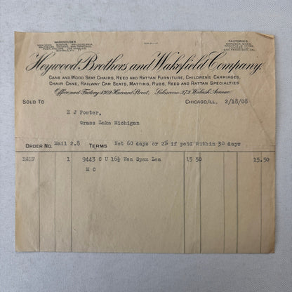 Heywood Brothers and Wakefield Receipt Invoice Document Letterhead 1908 Chicago