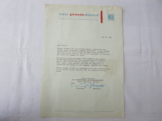1964 NSU Car Factory Letter Letterhead sent to Magazine Editor 
