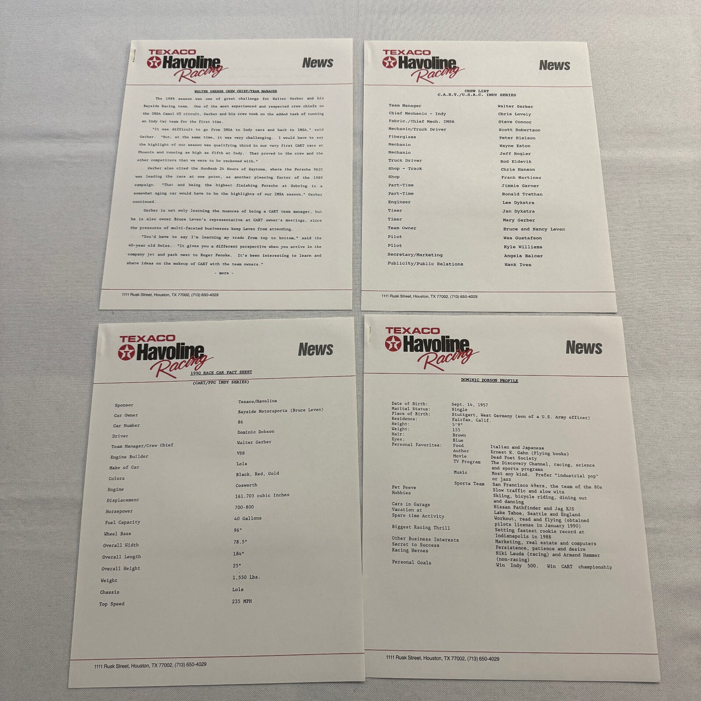 1990 Texaco Racing Team Indy CART Press Kit Brochure Photos Dominic Dobson