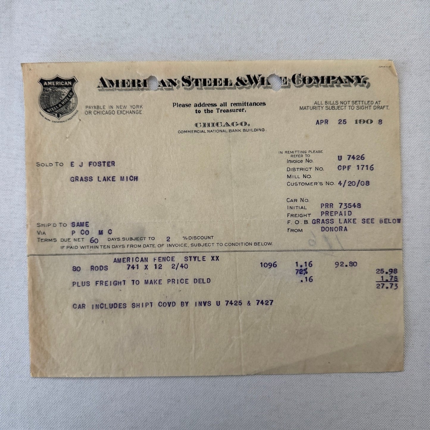American Steel and Wire Company 1908 Receipt Invoice Document Vintage Chicago