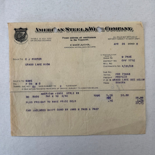 American Steel and Wire Company 1908 Receipt Invoice Document Vintage Chicago