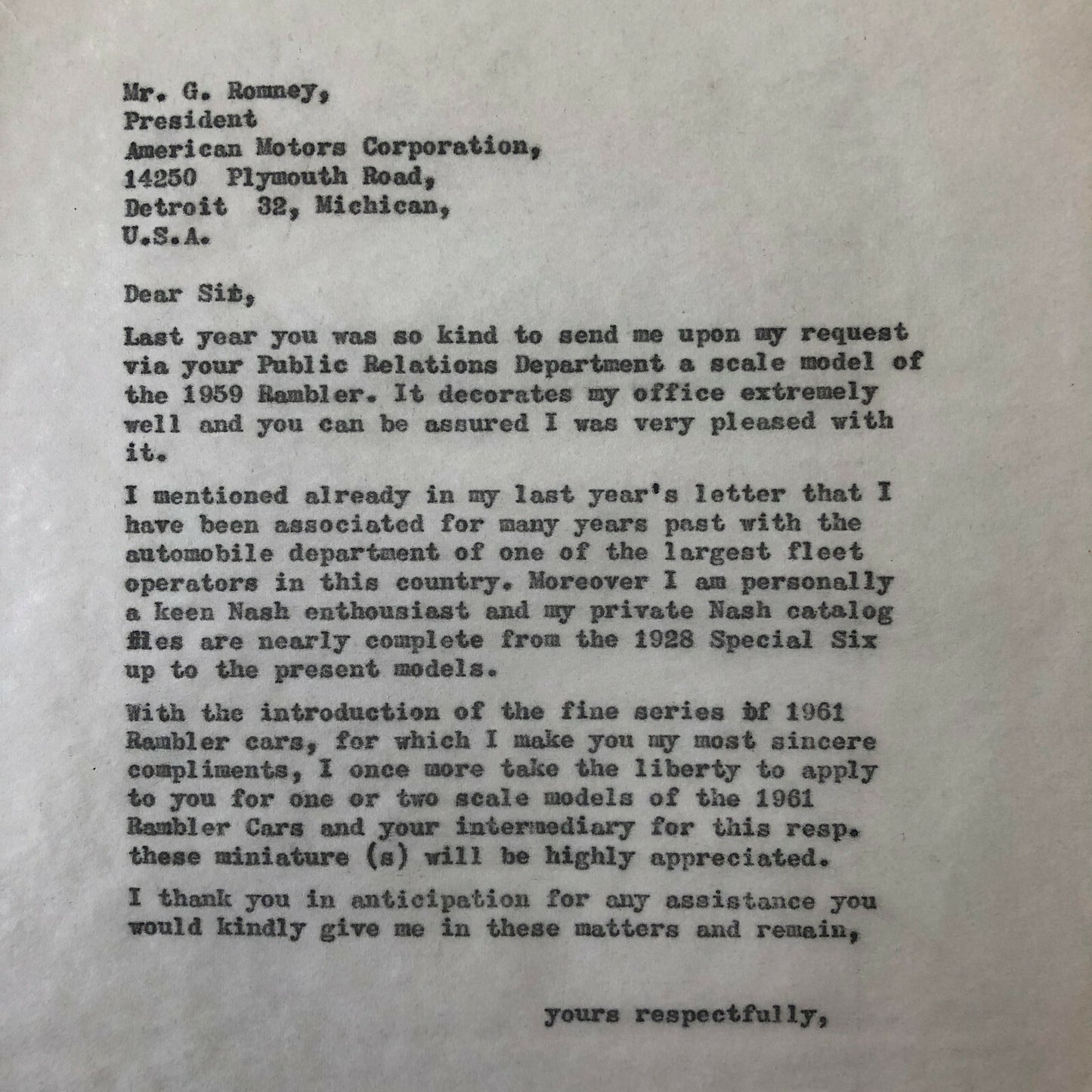 1960 - 1961 American Motors Corporation Car Letter Letterhead George Romney 