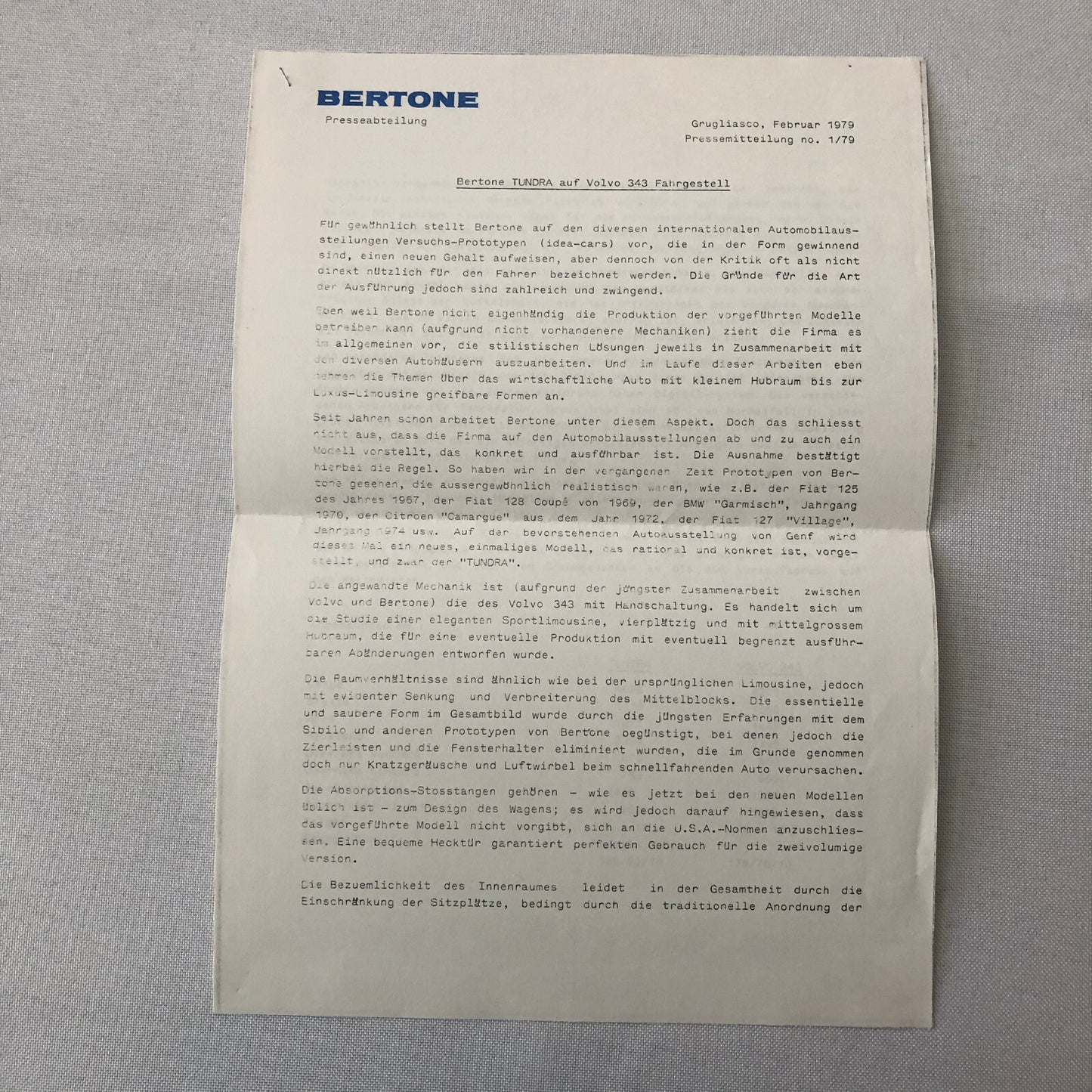 1979 Bertone Tundra Volvo 343 Concept Car Prototype Press Kit Photos