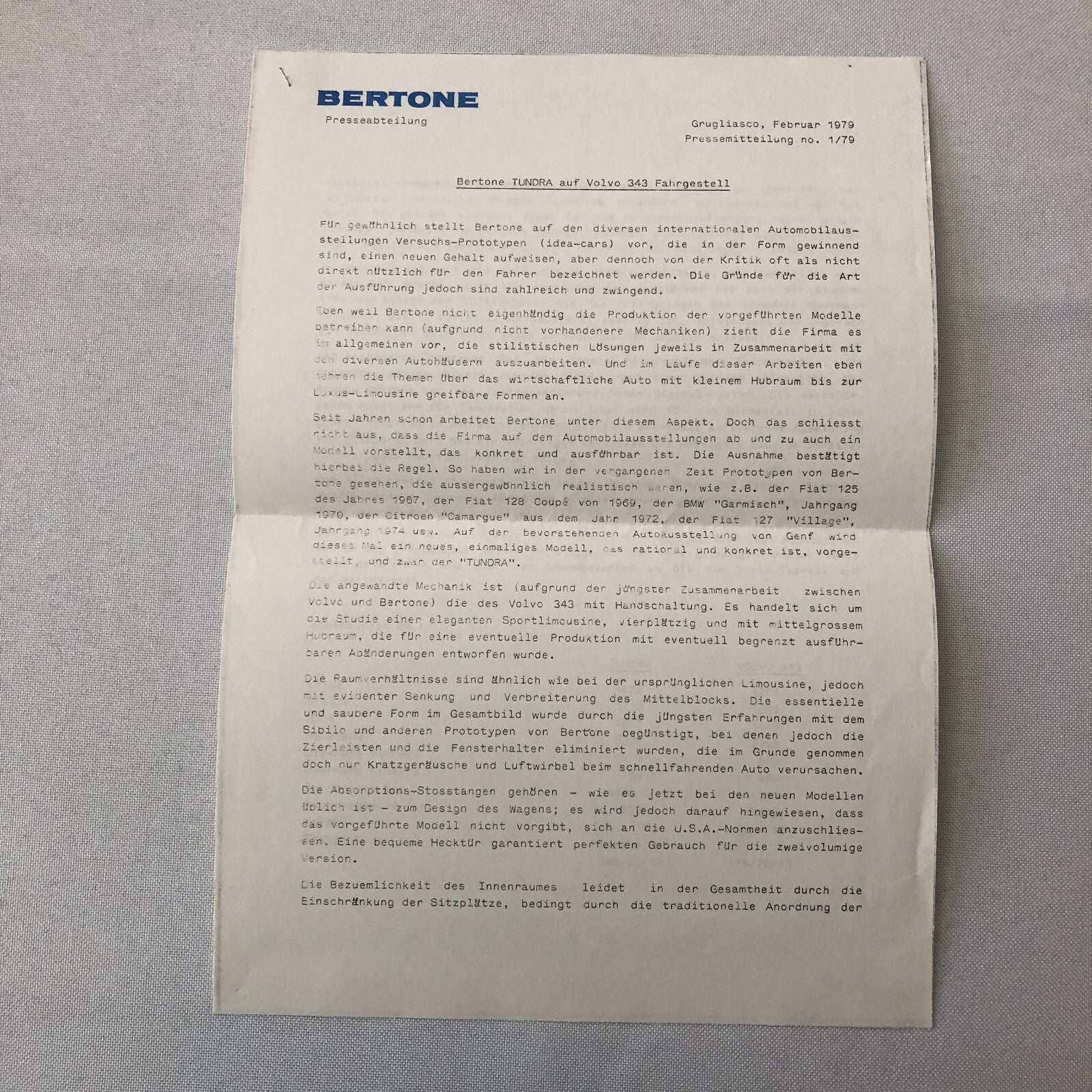 1979 Bertone Tundra Volvo 343 Concept Car Prototype Press Kit Photos