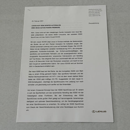 2001 Lexus Toyota Press Kit German Language SC430 Avensis Brochure