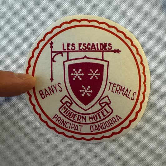 Vintage Hotel Travel Luggage Label Les Escaldes Banys Termals Hotel Andorra