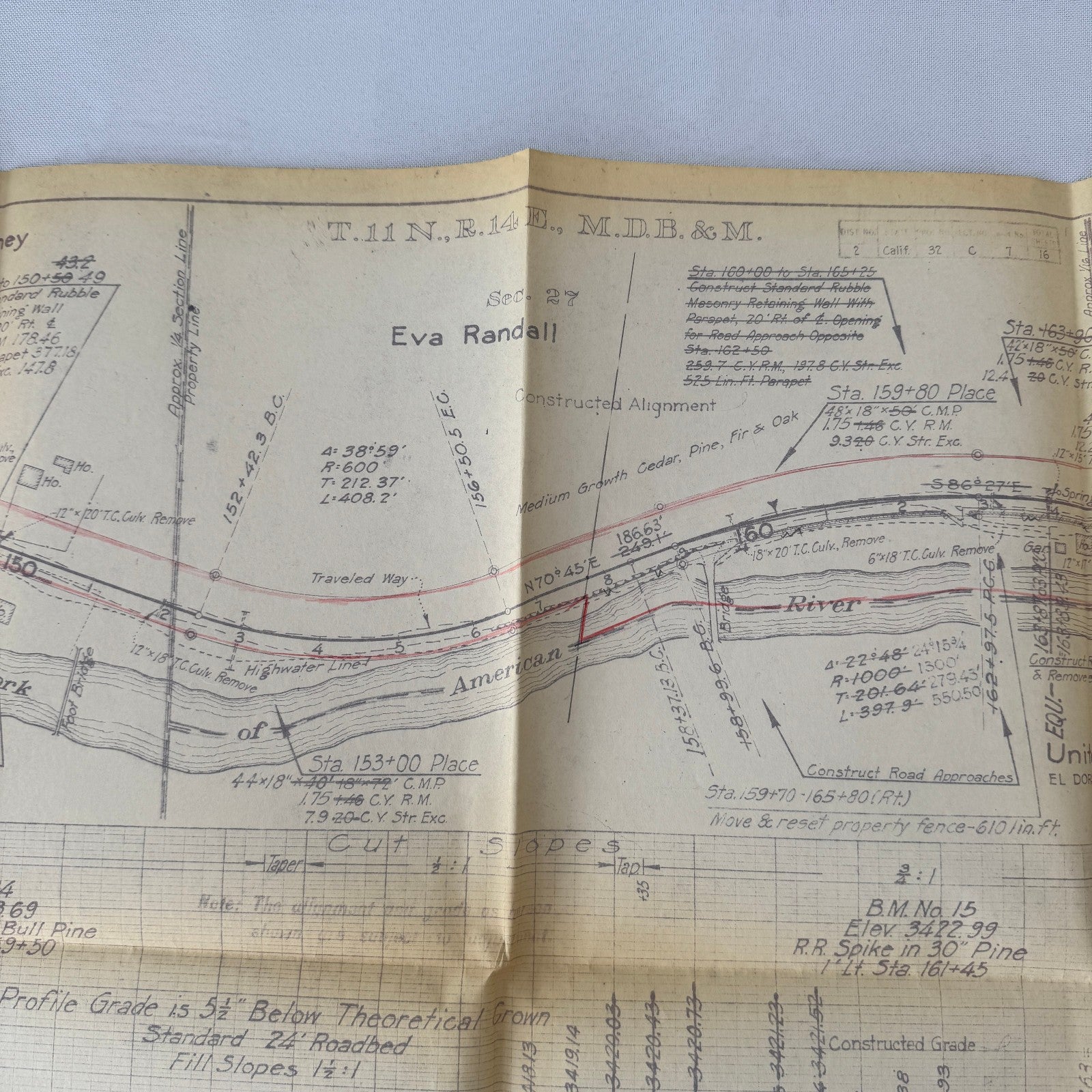 1931 California Highway Dept “As Built” Road Plan Map Blueprint T11N R14E MDB&M