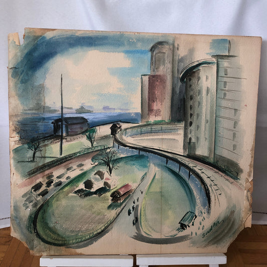 Vintage Painting Art Artwork Artist Arthur E Sudler Buildings Road Water