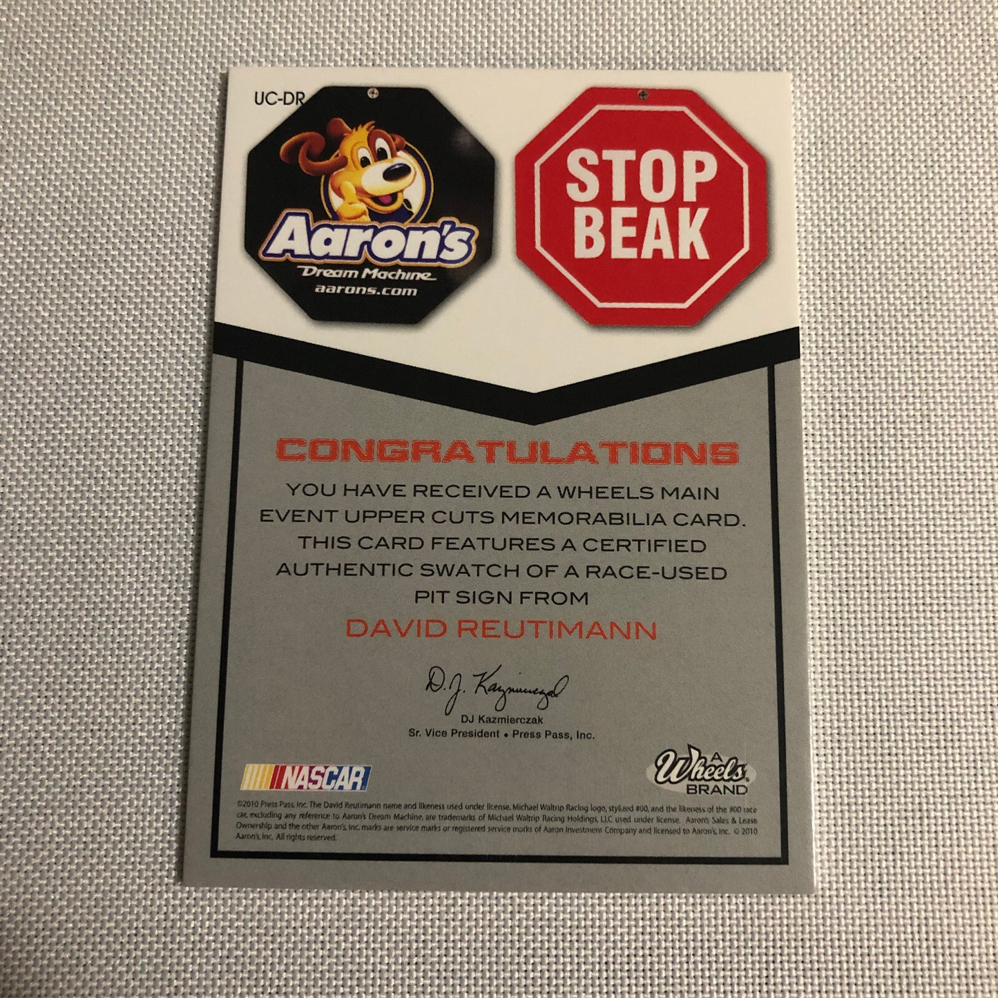 2010 Wheels Uppercuts David Reutimann Pit Sign Relic Card /75 NASCAR