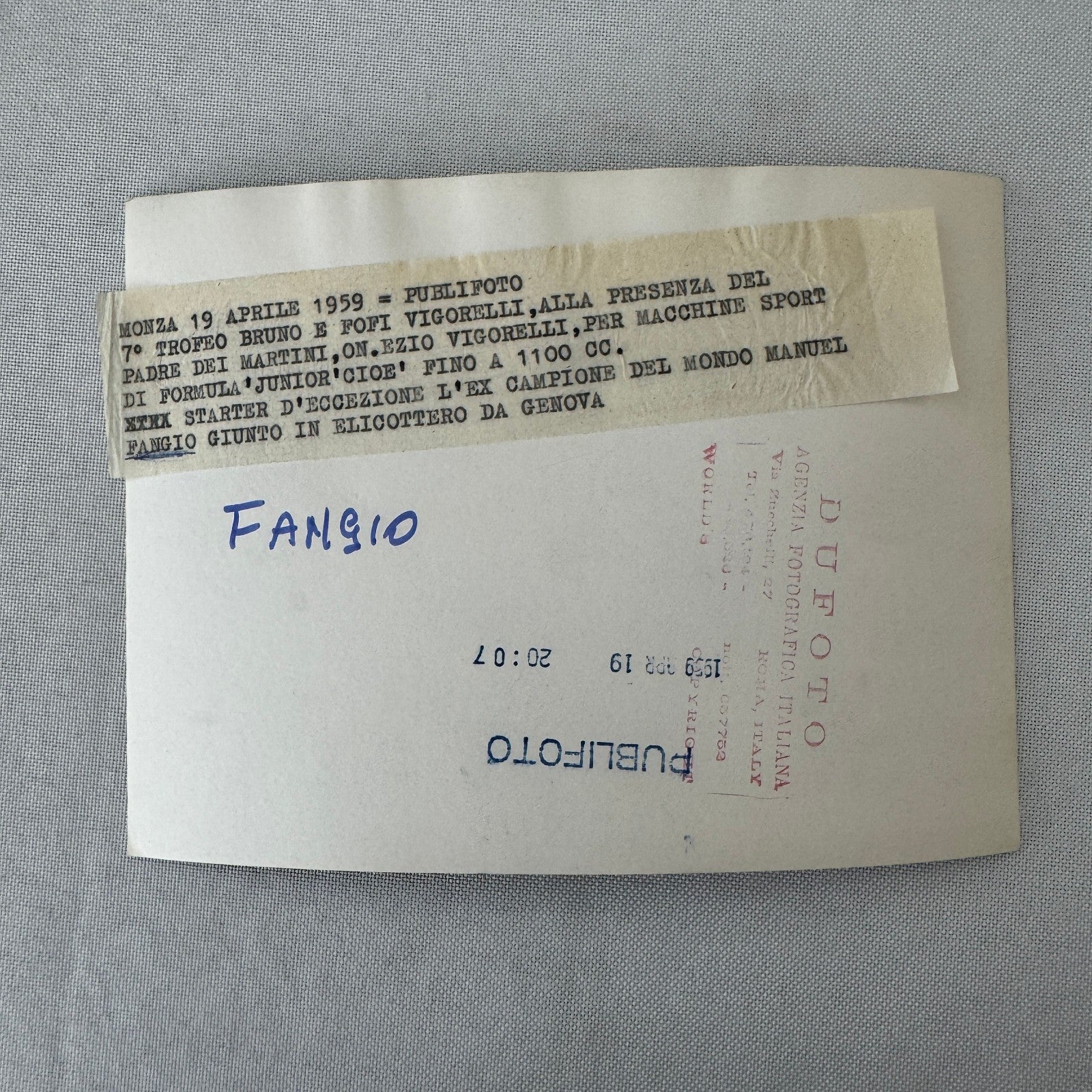 Juan Manuel Fangio in BP Helicopter At Italian Formula Junior Race Photo 1959