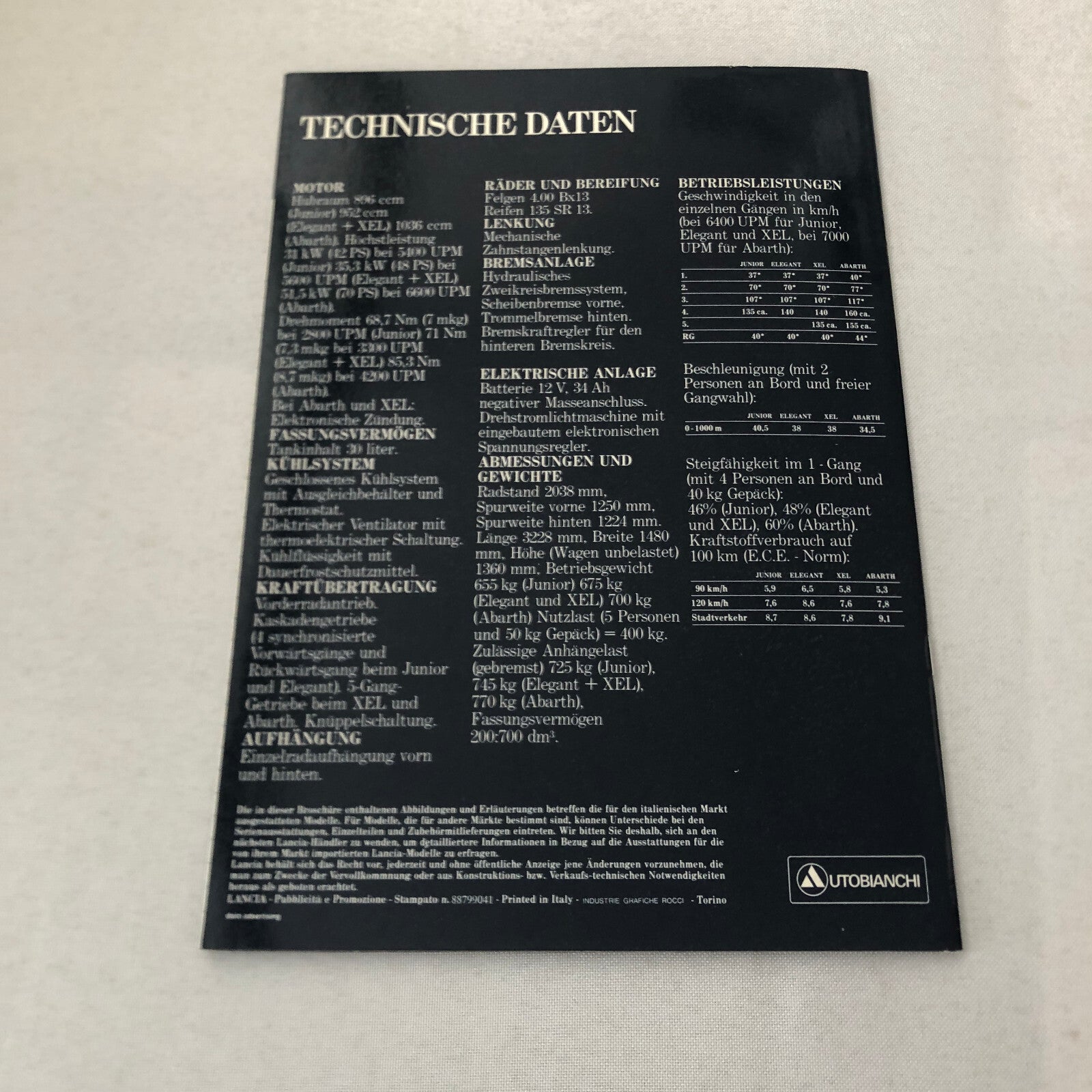 Autobianchi A112 Elegant Abarth Junior XEL Car Sales Brochure Catalog GERMAN