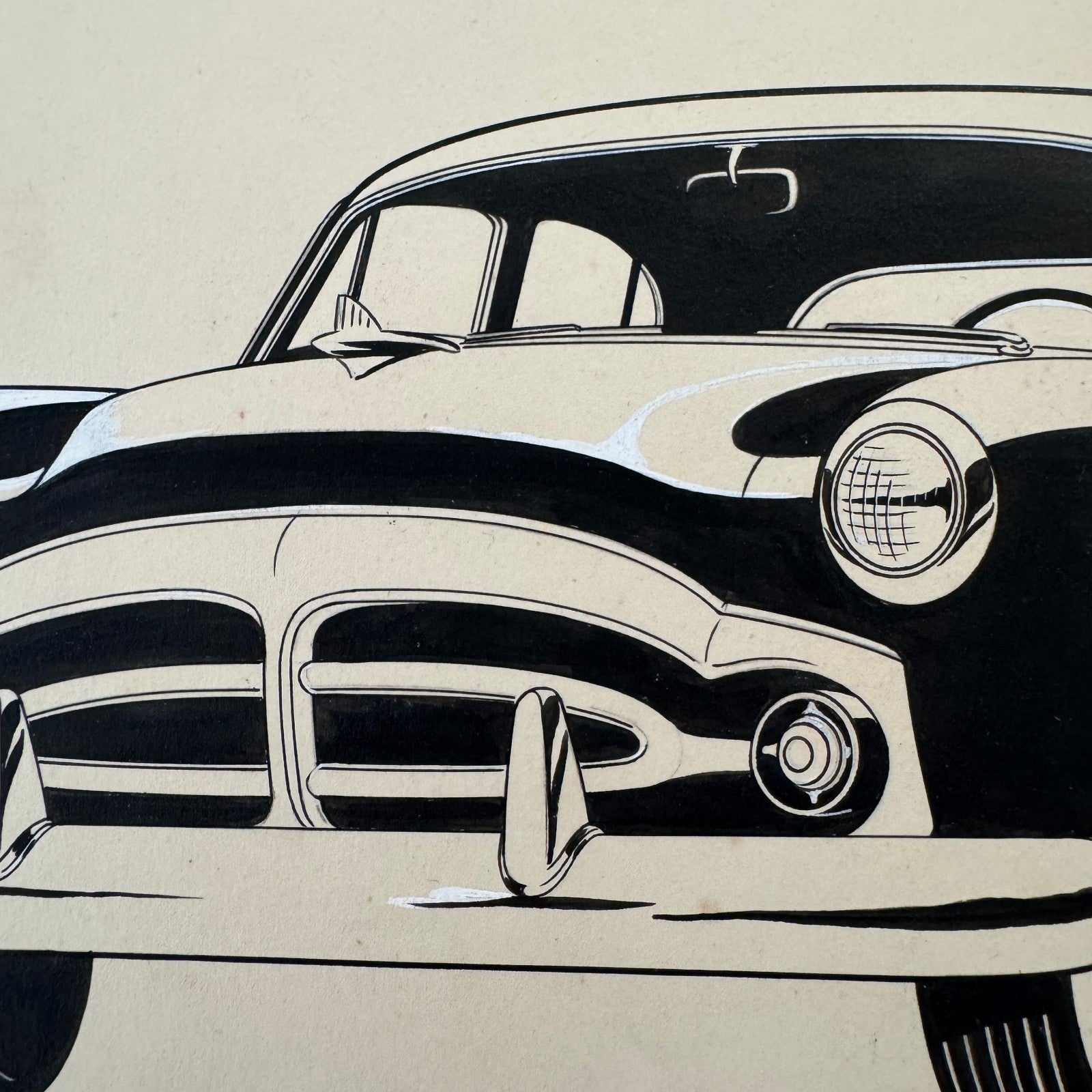 Vintage Concept Car Design Sketch Rendering Illustration Original Art