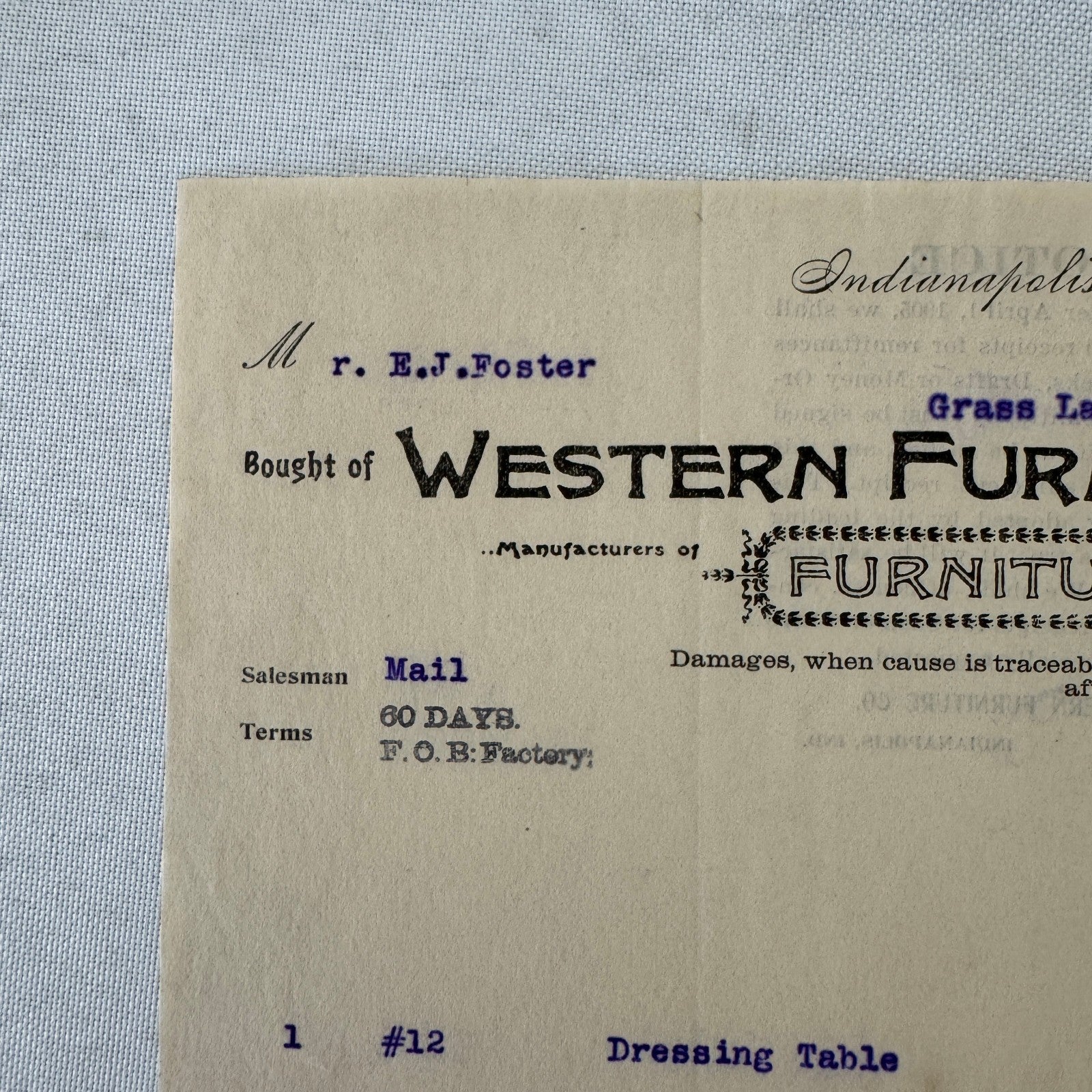 Western Furniture Company Receipt Invoice Document Letterhead 1908 Indianapolis