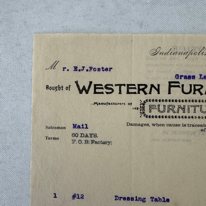 Western Furniture Company Receipt Invoice Document Letterhead 1908 Indianapolis
