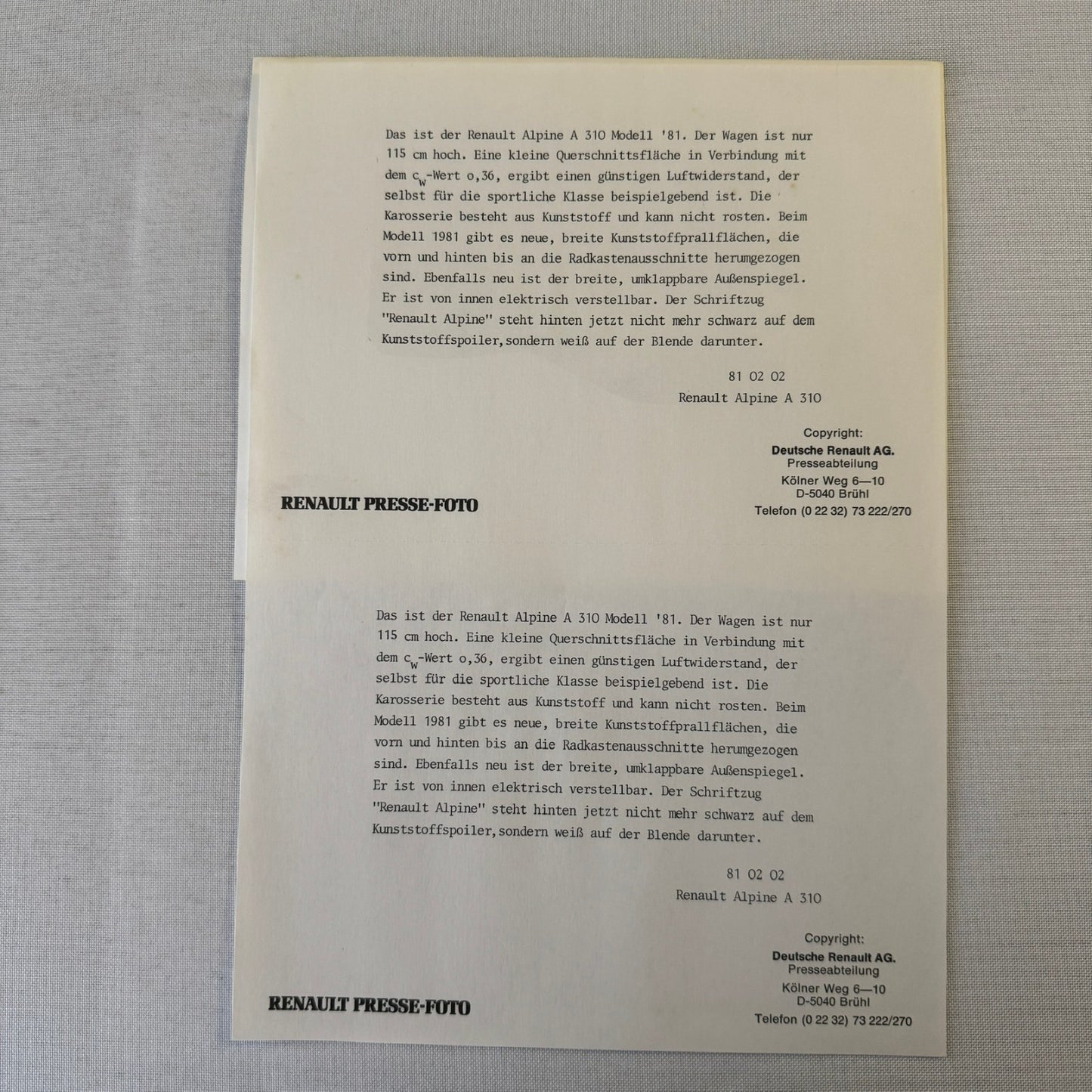 1981 Renault Alpine A310 V6 Car Press Kit Brochure Photos Vintage GERMAN TEXT