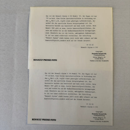 1981 Renault Alpine A310 V6 Car Press Kit Brochure Photos Vintage GERMAN TEXT