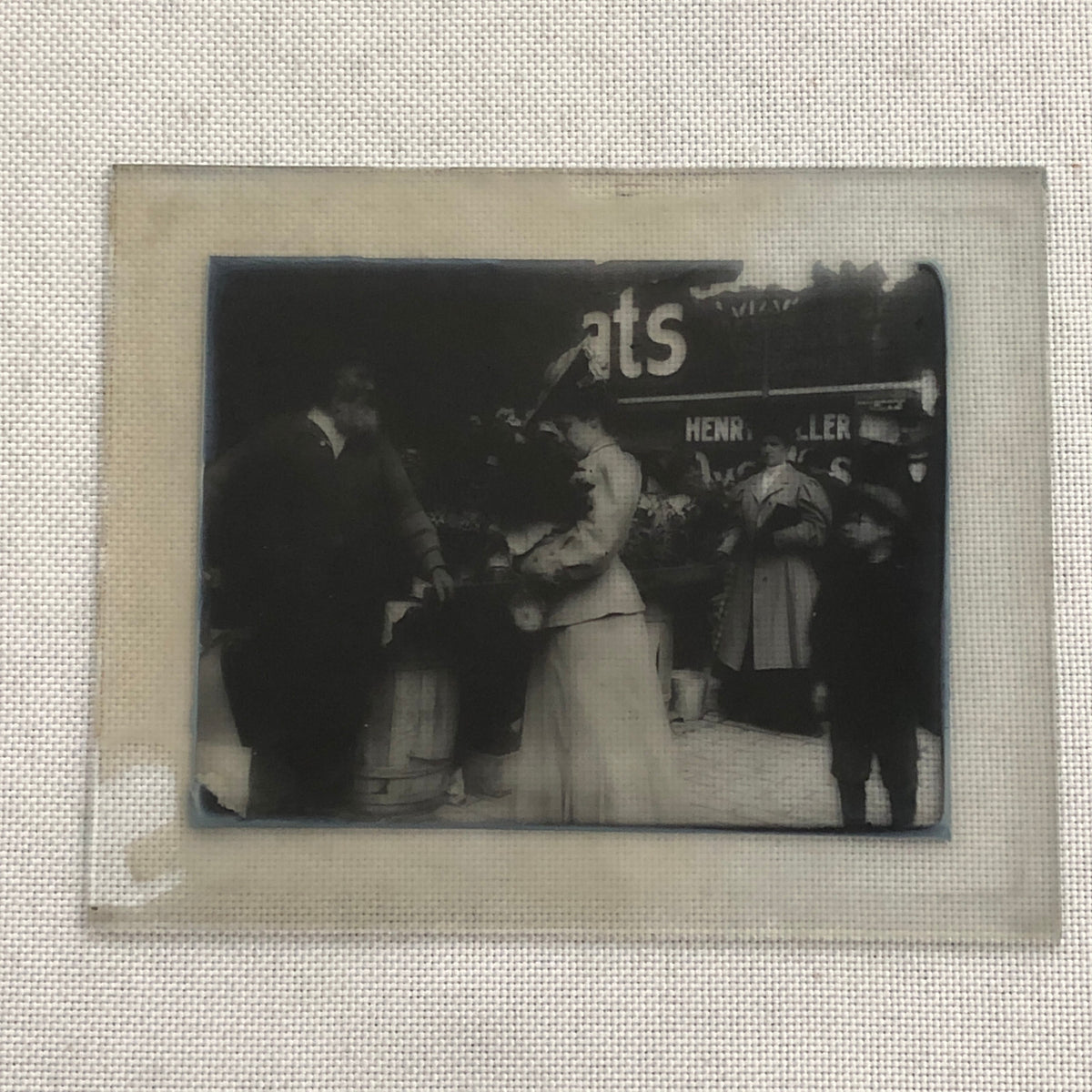 Antique Glass Plate Lantern Slide Photo Man Woman Child in Market Beard